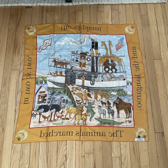 Elizabeth Mumford Mystic Seaport Museum 100% Silk Scarf Noah’s Arc Animals Folk - Picture 9 of 10